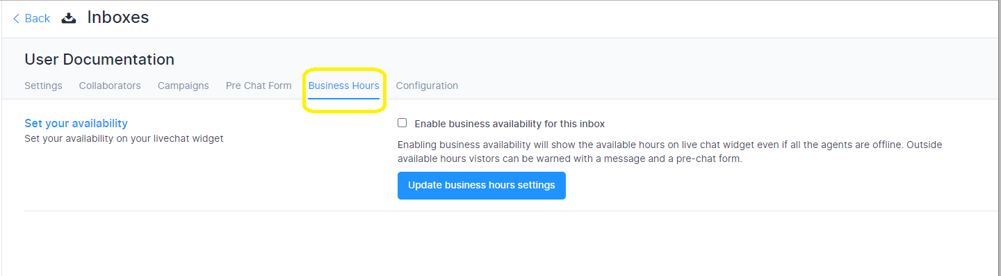 Chatlake Inbox Business Hours screen